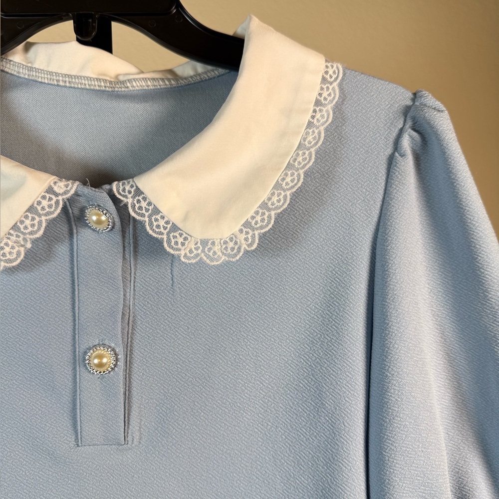 Blue Puff Sleeve Peter Pan Collar Top Shein Lace Trim Cropped Mod Preppy Blouse - Picture 4 of 12